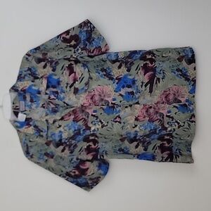Bora Bora Artsy Green, Blur, Pink & Yellow Floral Short Sleeve Top M